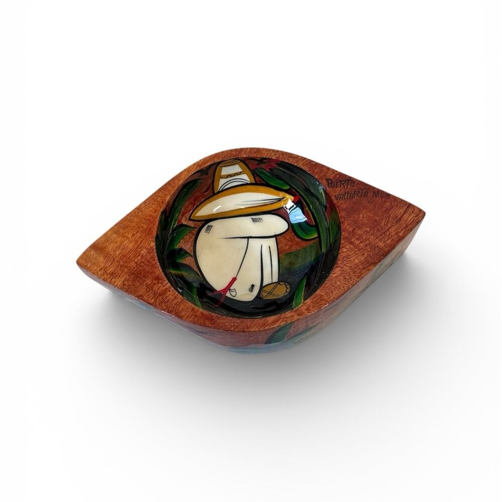 Vintage Puerto Rico Mexico Wood Trinket Bowl Dish Handpainted Decor